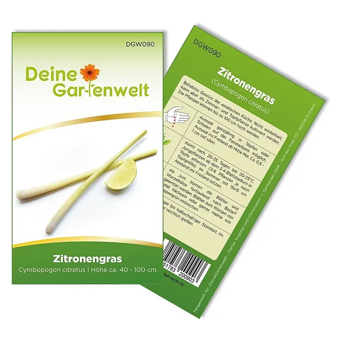 Deine Gartenwelt Zitronengras -  - Samentüte für Zitronengras mit Bild von frischem Zitronengras und Limettenspalte. Text: Cymbopogon citratus.