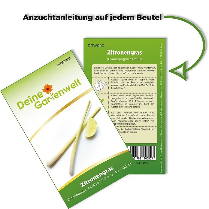 Deine Gartenwelt Zitronengras -  - Zitronengras-Samenpaket von Deine Gartenwelt mit Anzuchtanleitung, zeigt Zitronengrasstängel und Limettenspalte.