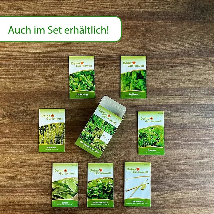 Deine Gartenwelt Zitronengras -  - Verschiedene Kräutersamenpäckchen und eine 'Cocktailkräuter-Set'-Box auf Holz. Text: 'Auch im Set erhältlich!'.