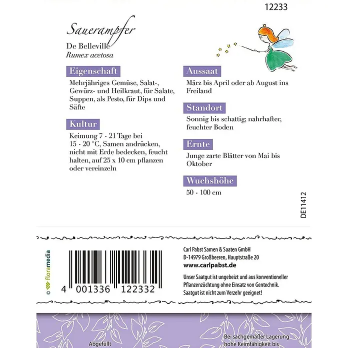 Grüne Fee Kräutersamen Sauerampfer - Rumex acetosa L., Saatzeit: März, Erntezeit: Mai - Etikett für 'Sauerampfer De Belleville' Samen mit Anbauinformationen, Barcode und einer kleinen Feenillustration.