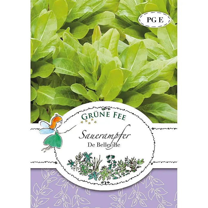 Grüne Fee Kräutersamen Sauerampfer - Rumex acetosa L., Saatzeit: März, Erntezeit: Mai - Samentüte 'Grüne Fee Sauerampfer De Belleville' mit Feenillustration und grünen Sauerampferblättern.