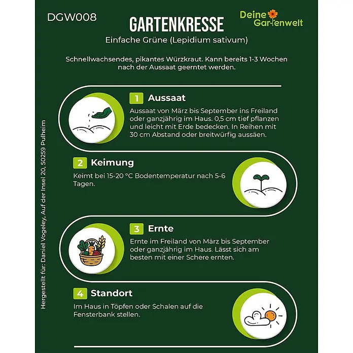 Deine Gartenwelt Gartenkresse Einfache Grüne -  - Anleitung zum Anbau von Gartenkresse mit Symbolen: Aussaat, Keimung, Ernte und idealer Standort. Schnellwachsendes Würzkraut.