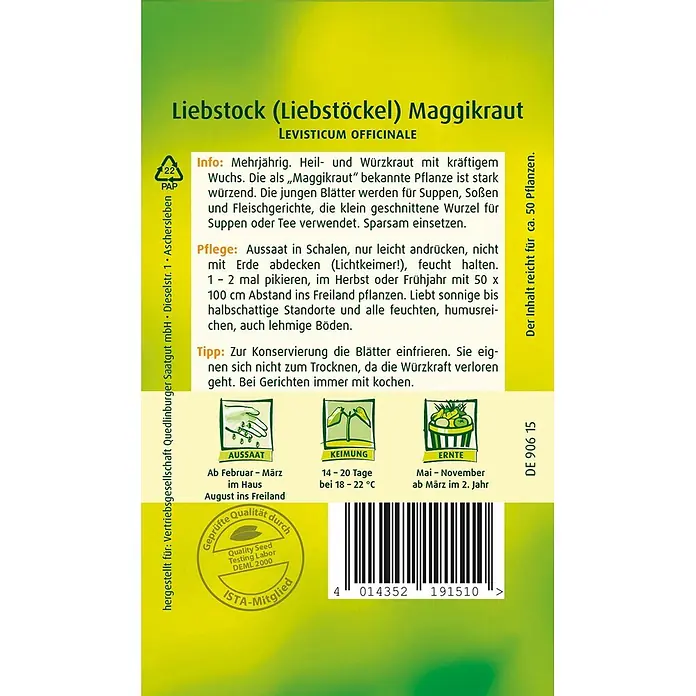 Quedlinburger SAATGUT Liebstock Maggikraut -  - Samenpackung für Liebstöckel/Maggikraut, grün-gelb, mit Anbau- und Verwendungsinformationen.