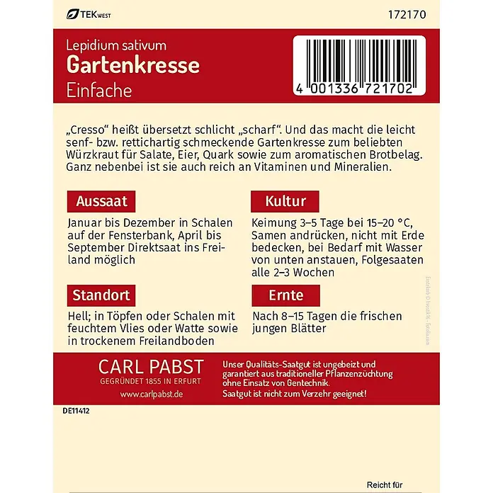Pabst Keimkraft Kräutersamen Gartenkresse - Lepidium sativum L., Saatzeit: April, Erntezeit: Ganzjährig - Samenpackung für Gartenkresse mit Anbau- und Pflegeanleitung.