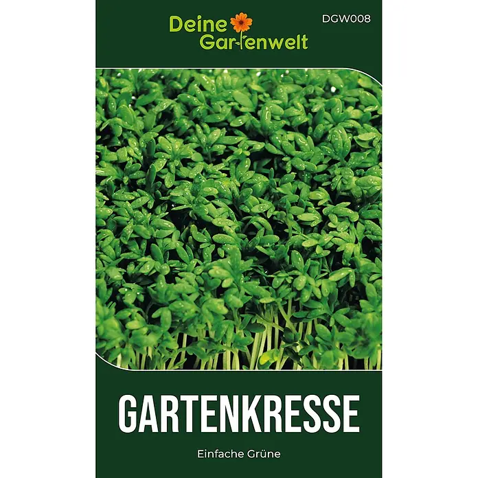 Deine Gartenwelt Gartenkresse Einfache Grüne -  - Dunkelgrüne Samentüte für Gartenkresse mit dem Namen 'Gartenkresse' und einem Foto von frischer grüner Kresse.