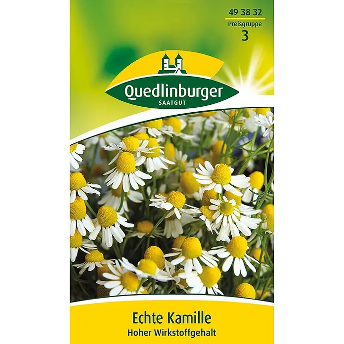 Quedlinburger SAATGUT Echte Kamille Bodegold -  - Kamillensamenpaket mit Nahaufnahme von weißen und gelben Kamillenblüten. Markenlogo und Produktdetails sichtbar.