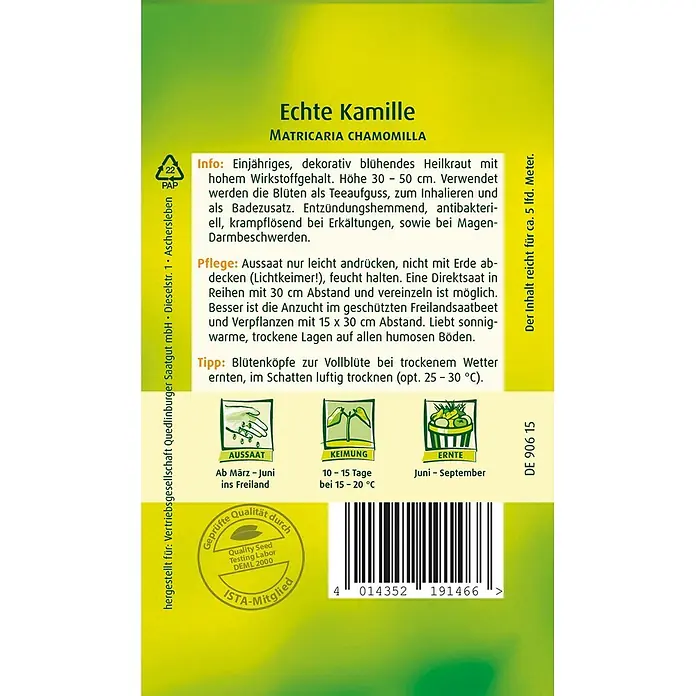 Quedlinburger SAATGUT Echte Kamille Bodegold -  - Samenpäckchen für Echte Kamille mit Infos zur Pflanzpflege, Aussaat, Keimung und Ernte, illustriert mit Piktogrammen und Qualitätssiegel.