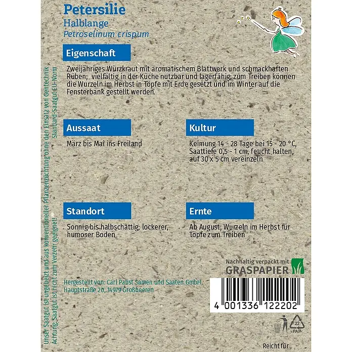 Grüne Fee Kräutersamen Petersilie - Petroselinum crispum (Mill.) Nyman ex A. W. Hill var. tuberosum (Bernh.) Mart. Crov., Saatzeit: März, Erntezeit: August - Petersilien-Samenpackung mit Anbauinformationen und Herstellerangaben, aus Graspapier.