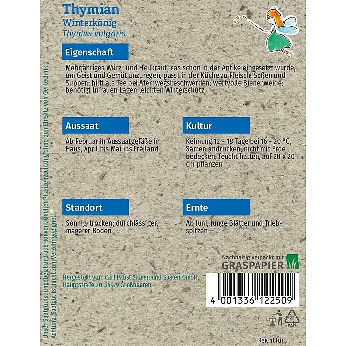 Grüne Fee Kräutersamen Thymian - Thymus vulgaris, Saatzeit: Februar, Erntezeit: Juni - Samenpäckchen für Thymian Winterkönig aus Graspapier, mit Pflanzeninformationen, Barcode und kleiner Feenillustration.