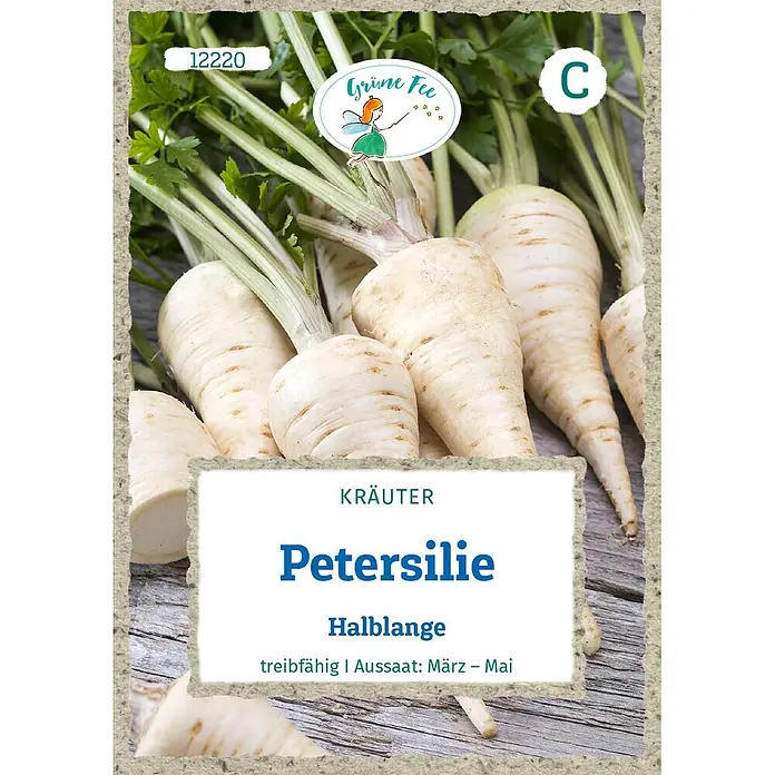 Grüne Fee Kräutersamen Petersilie - Petroselinum crispum (Mill.) Nyman ex A. W. Hill var. tuberosum (Bernh.) Mart. Crov., Saatzeit: März, Erntezeit: August - Weiße Petersilienwurzeln mit grünen Blättern, beschriftet "Petersilie Halblange", Aussaat März-Mai.