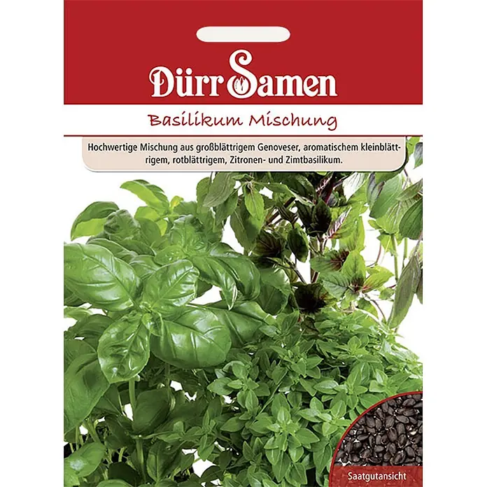 Dürr Samen Kräutersamen Basilikum - Ocimum basilicum, Saatzeit: Mai, Erntezeit: Ganzjährig - Rote Samenpackung für eine Basilikum-Mischung mit verschiedenen Basilikumpflanzen und einer Ansicht der Samen.