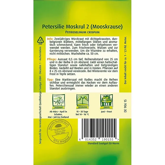 Quedlinburger SAATGUT Petersilie Mooskrause 2 -  - Grünes und gelbes Samenpäckchen für Petersilie Moskrul 2 (Mooskrause) mit Pflanzinformationen.
