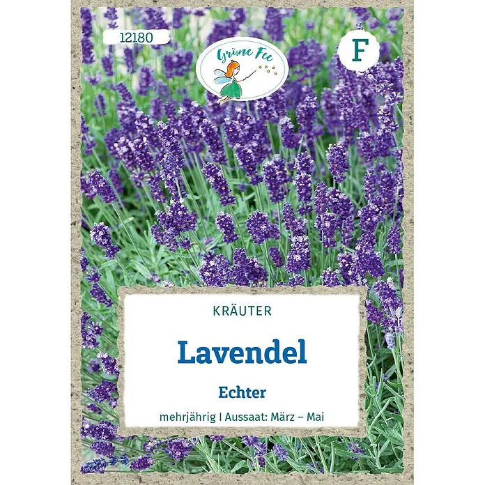 Grüne Fee Kräutersamen Lavendel - Lavandula angustifolia, Saatzeit: März, Erntezeit: August - Grüne Fee Samenpäckchen für echten Lavendel, mit Bild von lila Lavendelblüten. Produktnummer 12180.