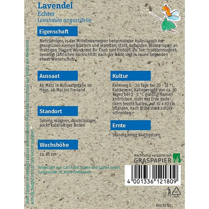 Grüne Fee Kräutersamen Lavendel - Lavandula angustifolia, Saatzeit: März, Erntezeit: August - Lavendel-Saatgutpackung aus Graspapier mit Anbauanweisungen, Barcode und kleiner Feen-Illustration.