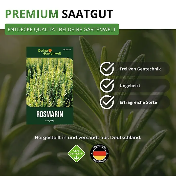 Deine Gartenwelt Rosmarin -  - Rosmarin-Saatgutpäckchen der Marke 'Deine Gartenwelt' vor verschwommenen Rosmarinpflanzen.