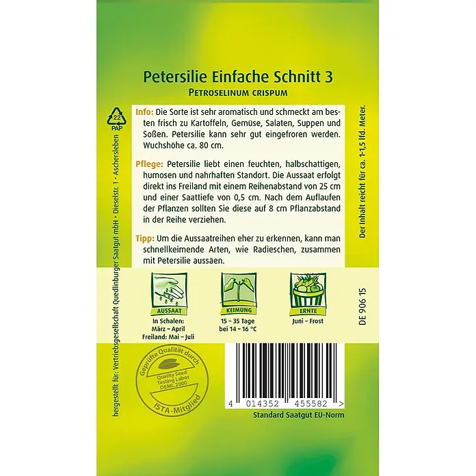 Quedlinburger SAATGUT Kräutersamen Petersilie - Petroselinum crispum, Saatzeit: März, Erntezeit: Juni - Samentüte für 'Petersilie Einfache Schnitt 3' (Petroselinum crispum) mit Anbauinformationen und Illustrationen.