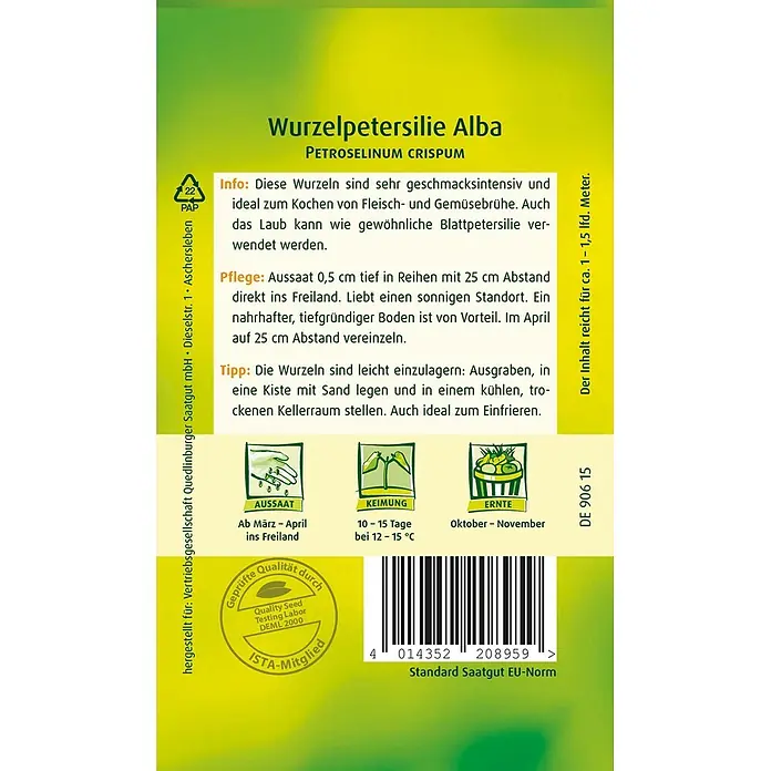 Quedlinburger SAATGUT Wurzelpetersilie Alba -  - Grüne und gelbe Samentüte für 'Wurzelpetersilie Alba' mit Anbau-, Pflege- und Ernteanweisungen auf Deutsch.