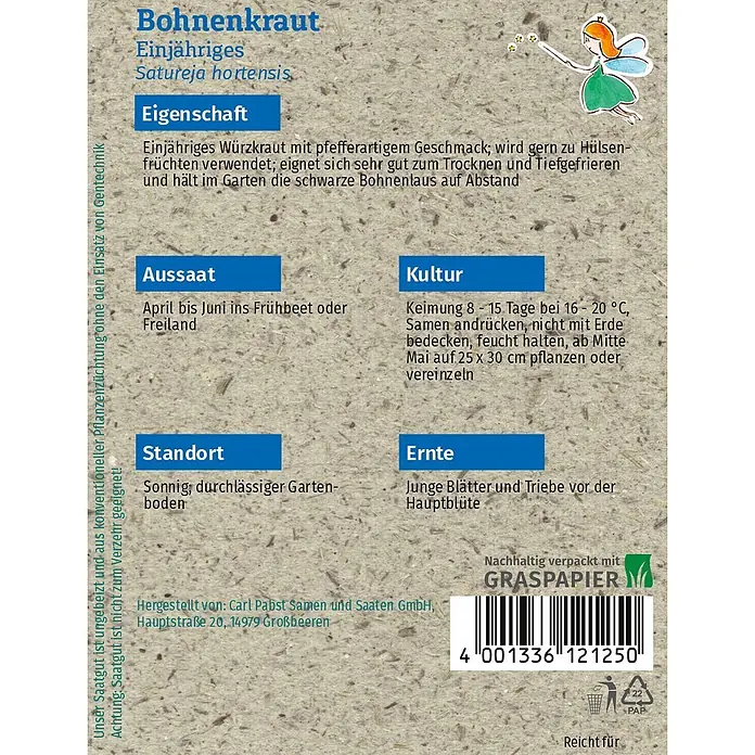 Grüne Fee Bohnenkraut Einjähriges -  - Samenpäckchen für einjähriges Bohnenkraut (Satureja hortensis) aus Graspapier mit Pflanzanleitung und einer Feenillustration.