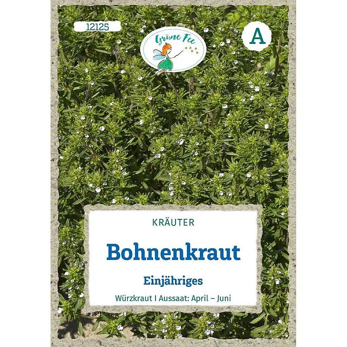 Grüne Fee Bohnenkraut Einjähriges -  - Samenpäckchen für einjähriges Bohnenkraut, zeigt grüne Pflanze mit kleinen weißen Blüten und Markenlogo „Grüne Fee“.
