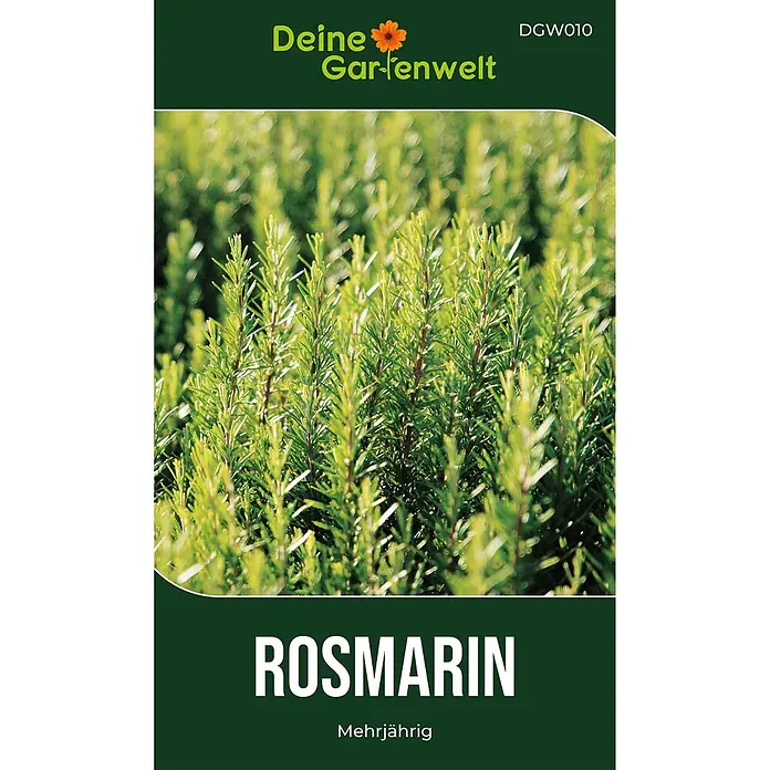 Deine Gartenwelt Rosmarin -  - Dunkelgrüne Samenpackung für mehrjährigen Rosmarin, mit Bild von Rosmarinpflanzen und 'Deine Gartenwelt' Logo.