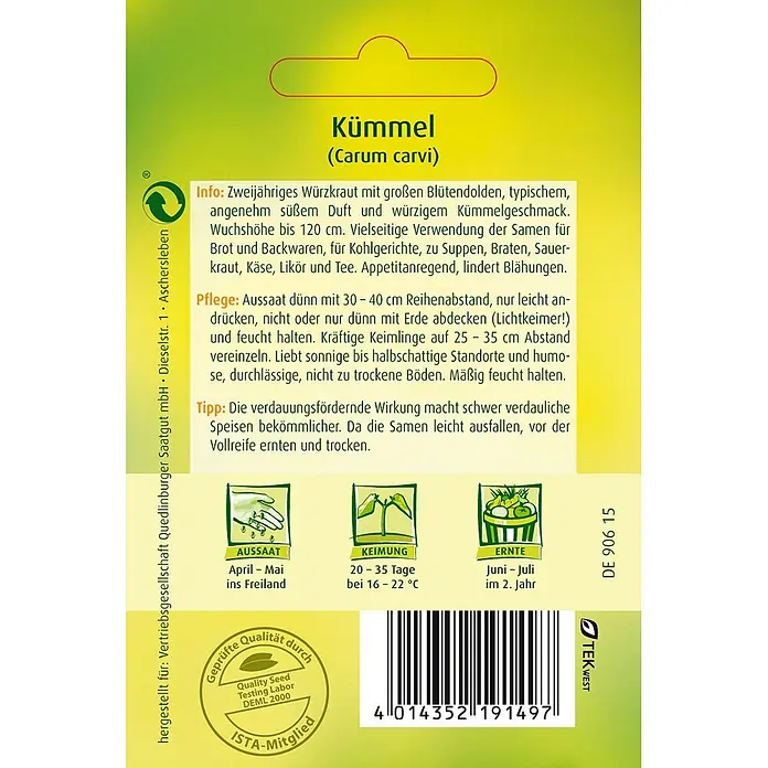 Quedlinburger SAATGUT Kräutersamen Kümmel - Carum carvi, Saatzeit: April, Erntezeit: Juni - Kümmel-Saatguttüte mit deutschen Anweisungen, Pflanzdetails und Barcode für den Garten.