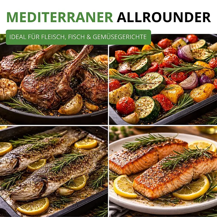 Deine Gartenwelt Rosmarin -  - Collage mediterraner Gerichte: Lammkoteletts, Ofengemüse, ganzer Fisch, Lachsfilets mit Kräutern und Zitrone.