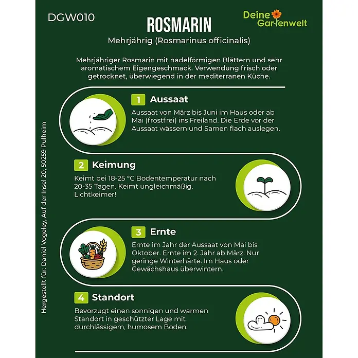 Deine Gartenwelt Rosmarin -  - Dunkelgrüne Karte mit weißem Text und farbigen Symbolen, die Aussaat, Keimung, Ernte und Pflege von Rosmarin detailliert beschreiben.