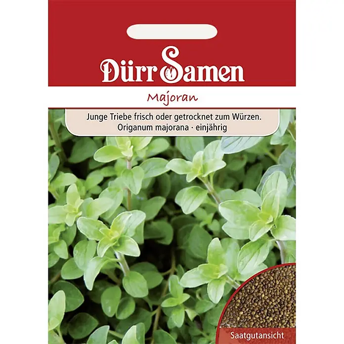 Dürr Samen Kräutersamen Majoran - Origanum majorana, Saatzeit: März, Erntezeit: August - Majoran-Samentüte von Dürr Samen, zeigt grüne Pflanzen und eine Nahaufnahme brauner Samen, zum frischen oder getrockneten Würzen.