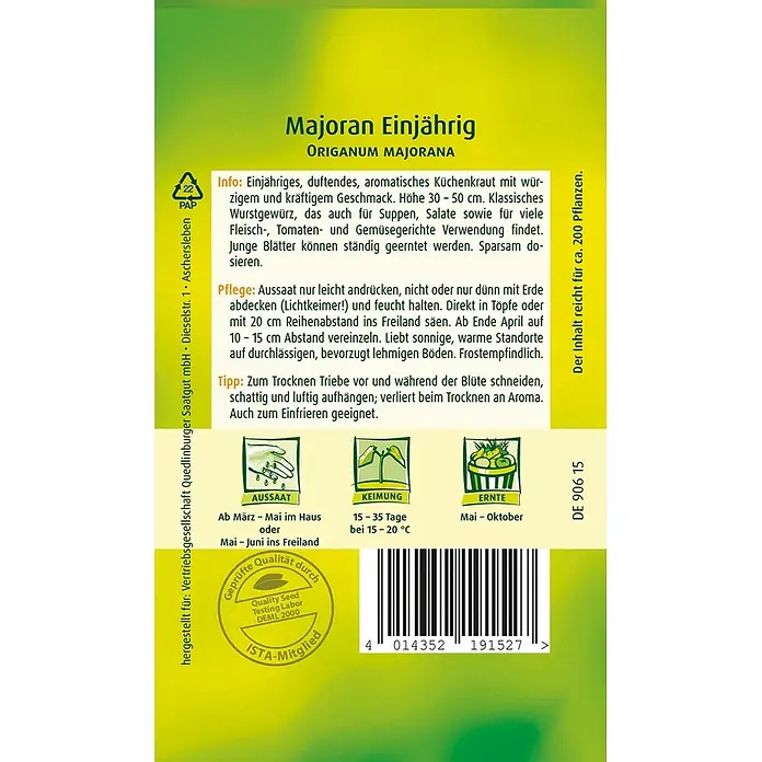 Quedlinburger SAATGUT Majoran -  - Gelb-grüne Samentüte für einjährigen Majoran mit Informationen zu Aussaat, Keimung und Ernte sowie einem Barcode.