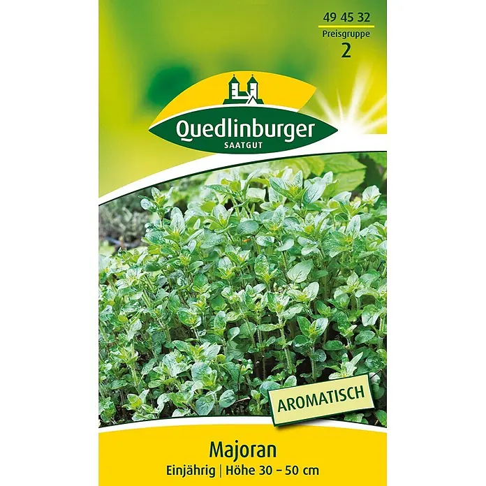 Quedlinburger SAATGUT Majoran -  - Quedlinburger Majoran-Saatgutpackung mit frischen grünen Majoranblättern. Aromatische Kräuterpflanze, 30-50 cm hoch.
