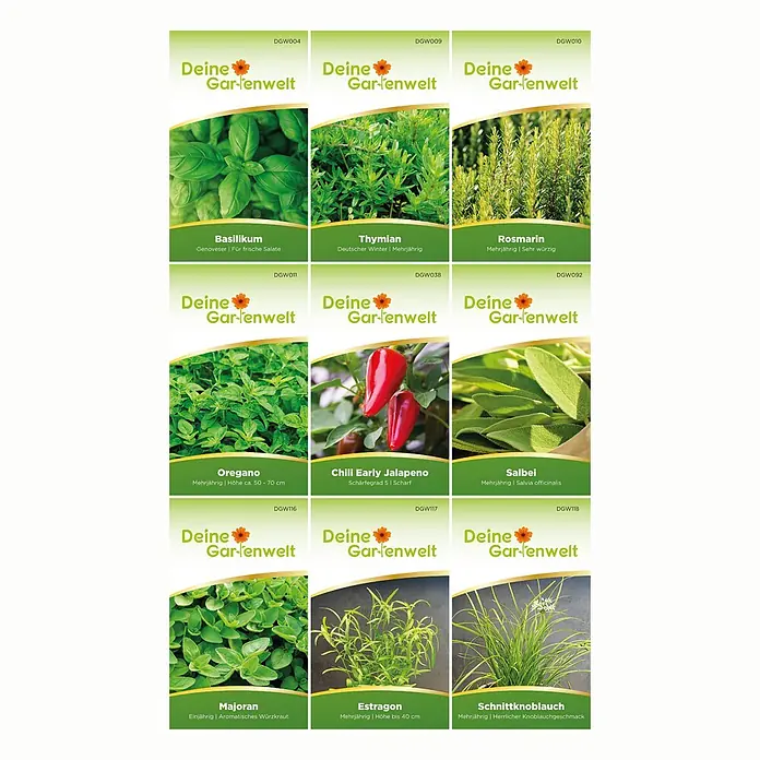 Deine Gartenwelt Kräutersamen Set - Mischung, Saatzeit: Februar, Erntezeit: Sortenabhängig - Gitter aus neun Samenpäckchen für Kräuter und Gemüse, jedes mit Bild und Beschreibung der Pflanze.