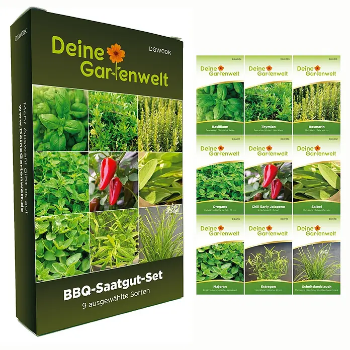 Deine Gartenwelt Kräutersamen Set - Mischung, Saatzeit: Februar, Erntezeit: Sortenabhängig - Grüne BBQ-Saatgut-Box mit Bildern von 9 Kräuter- und Chili-Pflanzen, daneben 9 einzelne Samenpakete mit Pflanzenfotos.