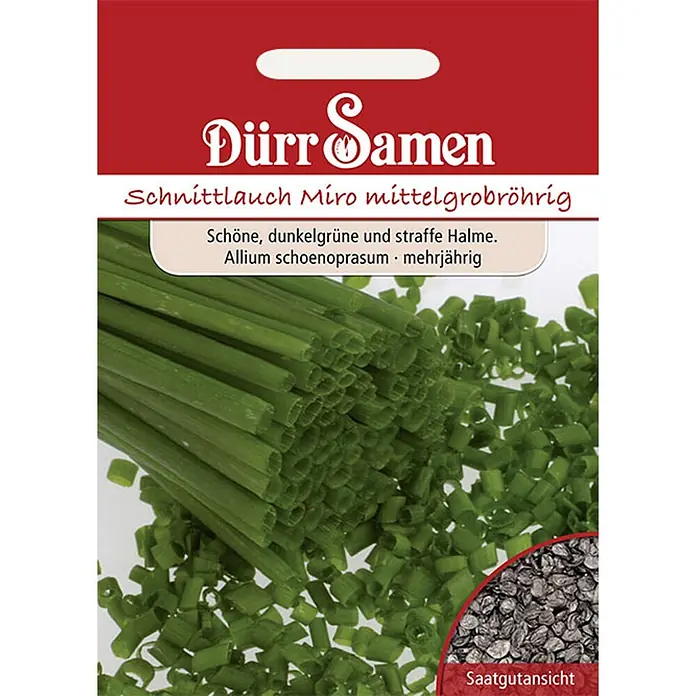Dürr Samen Schnittlauch Mittelgrobröhrig Miro -  - Dürr Samen Schnittlauch Miro Samenpaket mit Bild von frischem Schnittlauch und Samen.