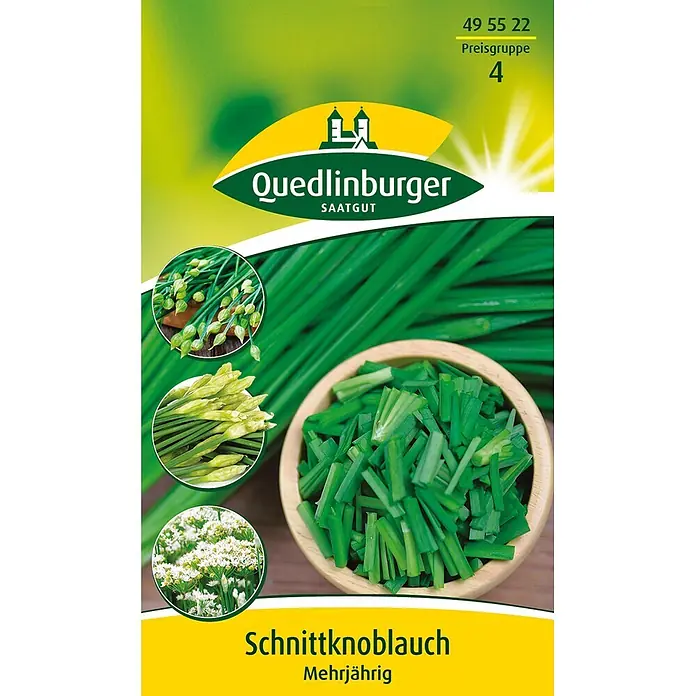 Quedlinburger SAATGUT Kräutersamen Schnittknoblauch - Allium tuberosum, Saatzeit: März, Erntezeit: März - Quedlinburger Schnittknoblauch Samenpaket mit frischen Pflanzen, Blüten und einer Schale geschnittener Halme.