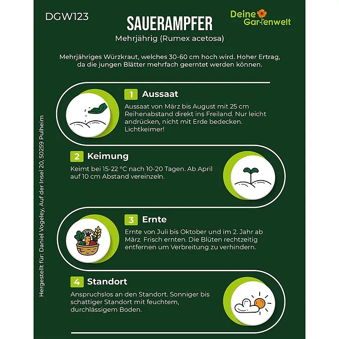 Deine Gartenwelt Sauerampfer De Belleville -  - Infografik zur Kultivierung von Sauerampfer (Rumex acetosa) mit Details zu Aussaat, Keimung, Ernte und Standort.