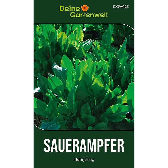 Deine Gartenwelt Sauerampfer De Belleville -  - Dunkelgrüne Samenpackung für mehrjährigen Sauerampfer mit grünen Blättern und 'Deine Gartenwelt' Logo.