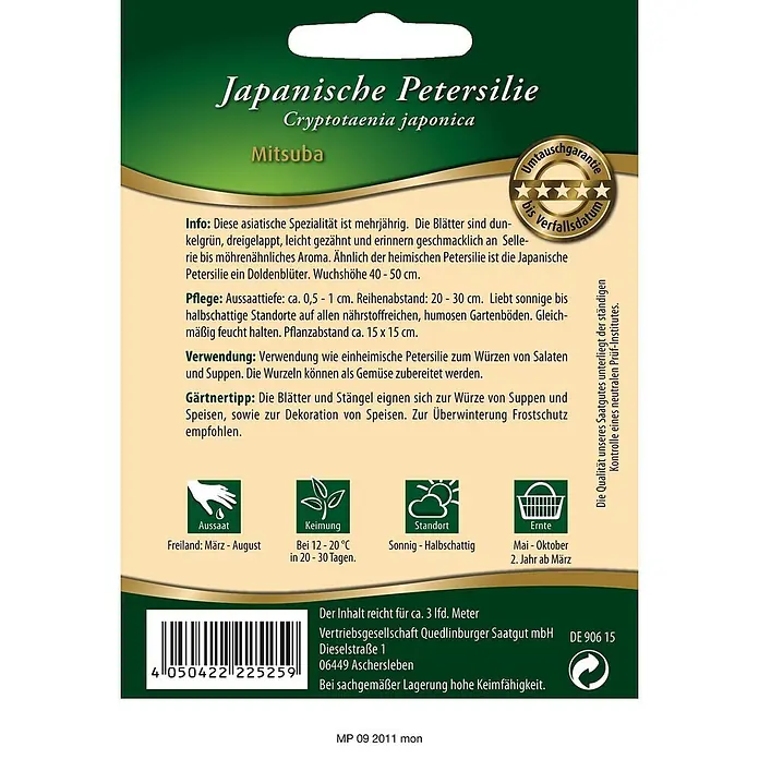 Quedlinburger SAATGUT Japanische Petersilie Mitsuba -  - Samentüte für Japanische Petersilie (Mitsuba) mit grüner und beiger Gestaltung und Produktinformationen.