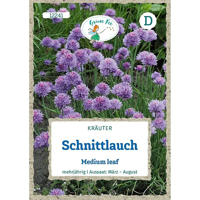 Grüne Fee Kräutersamen Schnittlauch - Allium schoenoprasum var. schoenoprasum, Saatzeit: April, Erntezeit: Ganzjährig - Schnittlauch-Samenpäckchen mit lila Blüten und Produkttext.