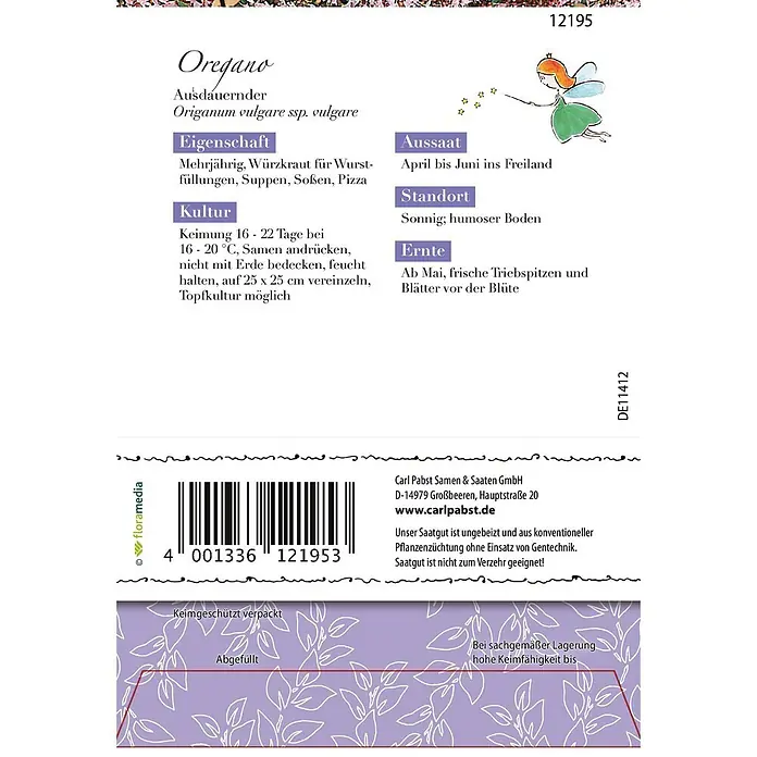 Grüne Fee Kräutersamen Oregano - Origanum vulgare ssp. vulgare, Saatzeit: April, Erntezeit: Mai - Oregano-Samenpäckchen mit Angaben zu Anbau, Aussaat und Verwendung der mehrjährigen Würzkrautpflanze.
