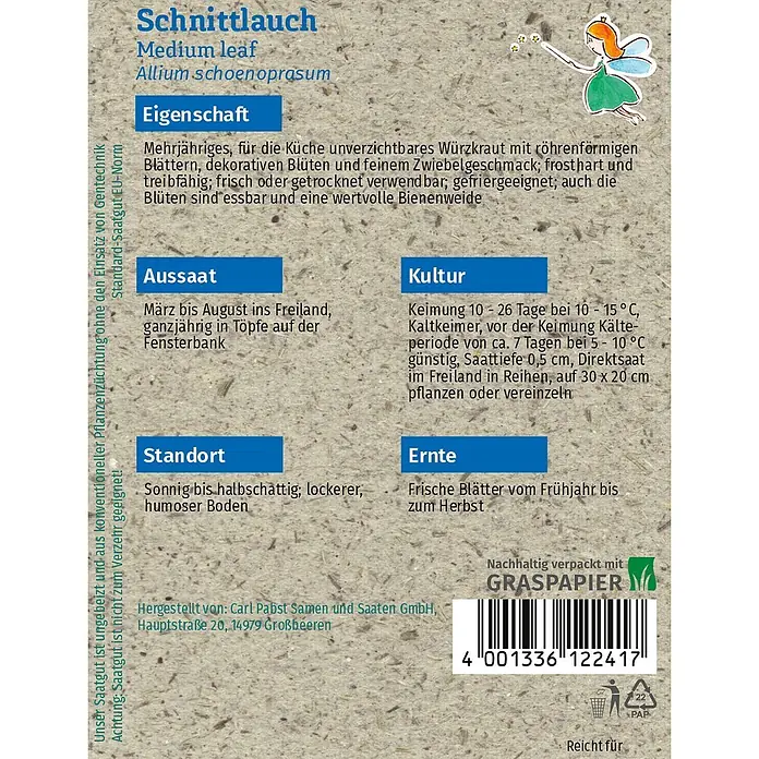 Grüne Fee Kräutersamen Schnittlauch - Allium schoenoprasum var. schoenoprasum, Saatzeit: April, Erntezeit: Ganzjährig - Schnittlauch-Saatguttüte mit Produktnamen, Anbauanleitung und Barcode.