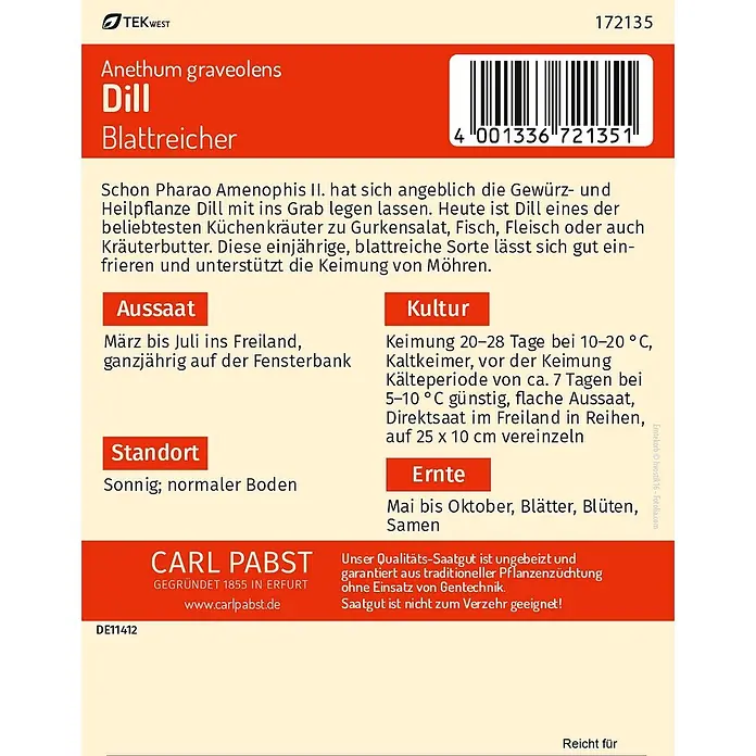 Pabst Keimkraft Kräutersamen Dill - Anethum graveolens var. hortorum, Saatzeit: März, Erntezeit: Mai - Rotes und weißes Dill-Samenpaket mit Text und Barcode.