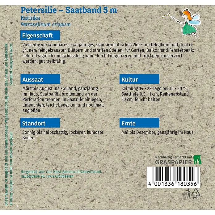 Grüne Fee Kräutersamen Petersilie - Petroselinum crispum, Saatzeit: März, Erntezeit: Mai - Saatgut-Päckchen für Petersilie 'Katinka' aus Graspapier mit blauer Schrift und Feen-Illustration.