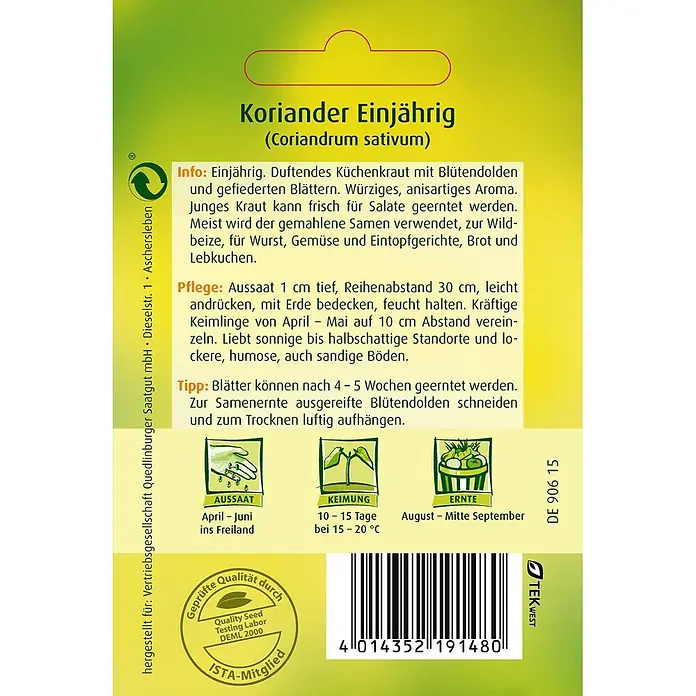 Quedlinburger SAATGUT Kräutersamen Koriander - Coriandrum sativum, Saatzeit: April, Erntezeit: April - Samenpäckchen für Einjährigen Koriander mit Anbauanleitung, Bildern und Barcode auf grün-gelbem Grund.