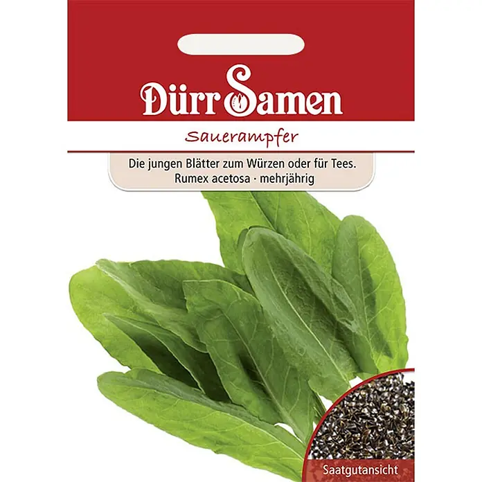 Dürr Samen Sauerampfer -  - Rote und weiße Samentüte für Dürr Samen Sauerampfer, zeigt grüne Blätter und eine Ansicht der Samen.
