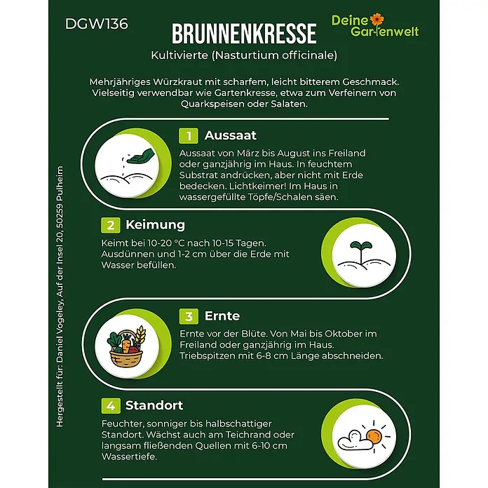 Deine Gartenwelt Brunnenkresse Kultivierte -  - Brunnenkresse Anbauanleitung mit Informationen zu Aussaat, Keimung, Ernte und Standort.