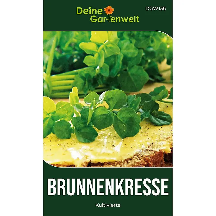 Deine Gartenwelt Brunnenkresse Kultivierte -  - Dunkelgrüne Brunnenkresse-Samentüte mit frischem Brunnenkressebild und Text.