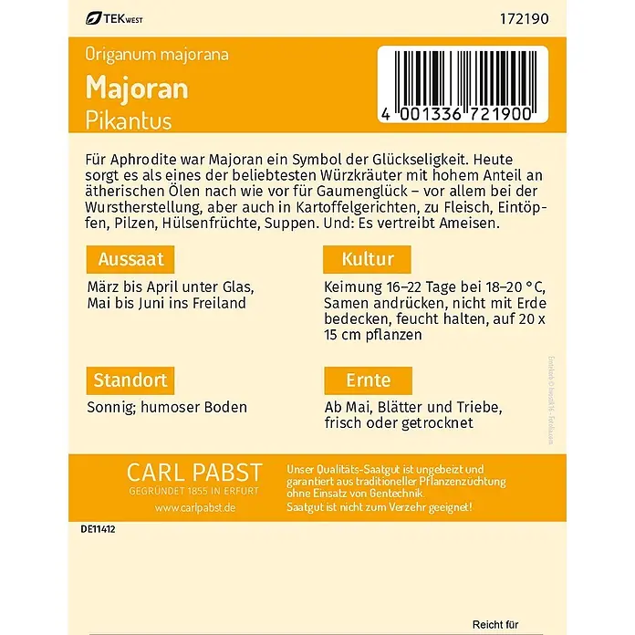 Pabst Keimkraft Majoran Pikantus -  - Saatgutpackung für Majoran 'Pikantus' mit Anbauanweisungen, Erntezeiten und Barcode in Orange und Weiß.