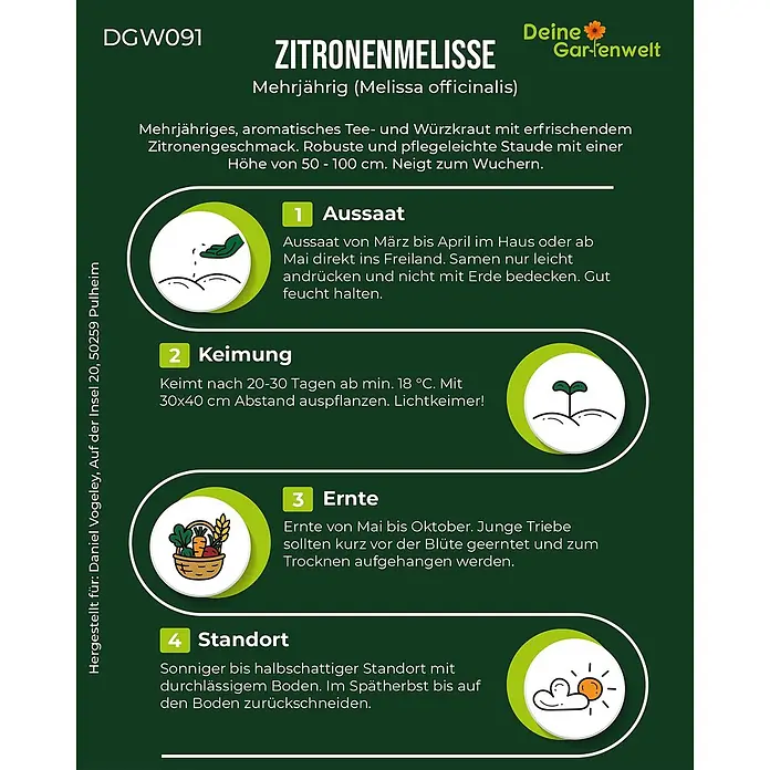 Deine Gartenwelt Zitronenmelisse -  - Anleitung zur Anzucht von Zitronenmelisse mit Beschreibungen zu Aussaat, Keimung, Ernte und Standort, illustriert mit Piktogrammen.
