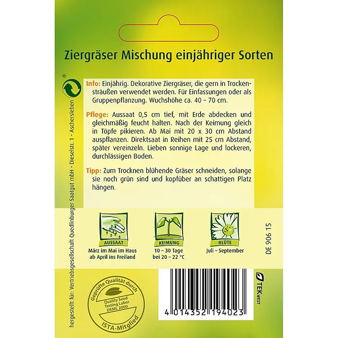 Quedlinburger SAATGUT Ziergräser Mischung -  - Samenpäckchen für einjährige Ziergräser mit Aussaat-, Pflege- und Blütezeitinformationen.