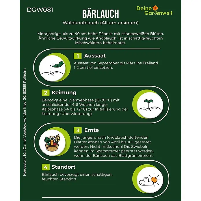 Deine Gartenwelt Bärlauch -  - Infografik zu Bärlauch (Waldknoblauch) Anbauanleitung mit Schritten zur Aussaat, Keimung, Ernte und Standort.